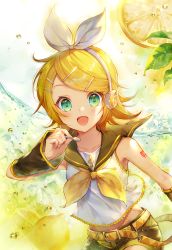 Rule 34 | 1girl, :d, bini, black sleeves, blonde hair, bow, bow hairband, brown sailor collar, brown shorts, collared shirt, cowboy shot, detached sleeves, green eyes, hair bow, hair ornament, hairband, hairclip, headphones, headset, highres, kagamine rin, long sleeves, looking at viewer, microphone, midriff, neckerchief, open mouth, sailor collar, sailor collar lift, sailor shirt, shirt, short hair, short shorts, shorts, sleeveless, sleeveless shirt, smile, solo, standing, stomach, swept bangs, vocaloid, white bow, white hairband, white shirt, yellow neckerchief