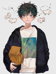Rule 34 | 1boy, bag, black jacket, blue eyes, closed mouth, collarbone, commentary, constellation, green hair, grey background, highres, holding, holding bag, jacket, long sleeves, looking at viewer, male focus, maple (abc2215), mole, mole on cheek, mole under eye, mole under mouth, open clothes, open jacket, original, paper bag, shirt, short hair, simple background, solo, upper body, white shirt