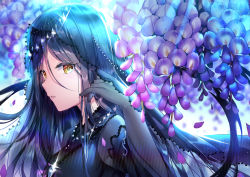 Rule 34 | 1girl, bad id, bad pixiv id, black dress, black gloves, black hair, blurry, blurry background, brown eyes, commentary request, copyright request, depth of field, dress, elbow gloves, fingernails, flower, from side, glint, gloves, hair between eyes, hand up, long hair, looking at viewer, looking to the side, parted lips, personification, petals, purple flower, see-through, silveroid, solo, veil, very long hair