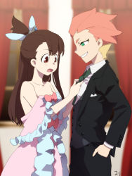 Rule 34 | 2girls, adjusting another&#039;s clothes, adjusting clothes, adjusting necktie, amanda o&#039;neill, arikindows10, blush, brown hair, crossdressing, dress, formal, green eyes, grin, highres, kagari atsuko, little witch academia, long hair, looking at another, multiple girls, necktie, open mouth, orange hair, red eyes, reverse trap, short hair, smile, suit