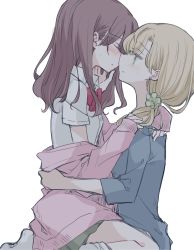 Rule 34 | 1 x 1/2, 2girls, blonde hair, blue jacket, blush, bow, brown hair, closed eyes, commentary request, earrings, flower, girl on top, green eyes, green skirt, hair flower, hair ornament, hand on another&#039;s face, highres, hug, imminent kiss, incest, jacket, jewelry, long hair, looking at another, morii asuka, morii ayako, mother and daughter, multiple girls, nakamura taiyaki, official art, pink sweater, ponytail, red bow, school uniform, shirt, simple background, skirt, socks, sweater, white background, white shirt, white socks, yuri