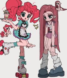 Rule 34 | blue eyes, colored skin, dual persona, food, grey background, happy, highres, ice cream, jwnn, my little pony, my little pony: friendship is magic, open mouth, pink skin, pink skirt, pinkie pie, roller skates, sad, simple background, skates, skirt, variations