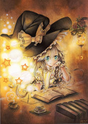 Rule 34 | 10s, 1girl, 2015, black ribbon, blonde hair, blue eyes, book, book stack, bow, braid, closed mouth, crescent, cup, drink, eyebrows, floating, floating object, flower, frills, glowing, hair between eyes, hair over shoulder, hand on own face, hat, head rest, ink bottle, kirisame marisa, lace, lamp, large hat, long hair, looking at viewer, magic, mosho, open book, paper, pen, puffy short sleeves, puffy sleeves, ribbon, rose, short sleeves, single braid, smile, solo, star (symbol), steam, table, text focus, touhou, traditional media, witch hat, wrist cuffs