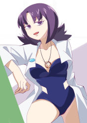 Rule 34 | 1girl, 34 (sanjushi), blue one-piece swimsuit, breasts, collarbone, creatures (company), game freak, highres, jewelry, lab coat, long hair, looking at viewer, necklace, nintendo, one-piece swimsuit, open mouth, philena ivy, pokemon, pokemon (anime), pokemon (classic anime), purple eyes, purple hair, smile, solo, strapless, swimsuit