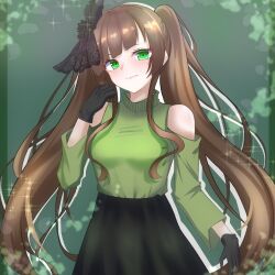 Rule 34 | 1girl, assault lily, bare shoulders, black flower, black gloves, black skirt, blush, breasts, brown hair, closed mouth, clothing cutout, commentary request, cowboy shot, diagonal bangs, flower, gloves, gradient background, green background, green eyes, green shirt, hair flower, hair ornament, hand up, high-waist skirt, highres, kamigoori marimo, light smile, long hair, long sleeves, looking at viewer, medium breasts, nanakusa yukiusagi, shirt, shirt tucked in, shoulder cutout, sidelocks, skirt, solo, sparkle, standing, twintails, very long hair