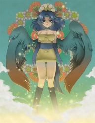 Rule 34 | 1girl, aikosu (icos), blue hair, choker, cloud, dark witch, dark witch (yuu-gi-ou), dress, duel monster, elbow gloves, flower, gloves, horns, solo, strapless, strapless dress, tail, taut clothes, tube dress, wings, yu-gi-oh!