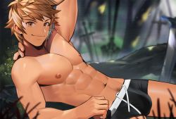 Rule 34 | 1boy, abs, arm behind head, armpits, black male underwear, brown eyes, brown hair, bulge, commentary, drawstring, gran (granblue fantasy), granblue fantasy, grass, looking at viewer, lying, male focus, male pubic hair, male underwear, nature, nipples, on ground, on side, pectorals, pubic hair, short hair, smile, topless male, underwear, yaowu
