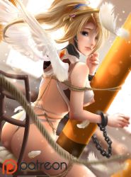 Rule 34 | 1girl, adapted costume, against pillar, ass, bdsm, bearwitch, blonde hair, blue eyes, bondage, bound, breasts, cuffs, feathered wings, feathers, from behind, hair tie, handcuffs, high ponytail, highres, lips, looking at viewer, looking back, medium breasts, medium hair, mercy (overwatch), nipple slip, nipples, nose, overwatch, overwatch 1, patreon logo, pink lips, rope, solo, white feathers, white wings, wings