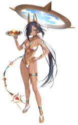 Rule 34 | 1girl, :p, absurdres, anklet, aqua gemstone, armlet, bare shoulders, black hair, blunt bangs, breasts, cloud, cloudy sky, collarbone, commentary, dark-skinned female, dark skin, dated, earrings, egg, egyptian, floating, floating object, food, food request, full body, gem, gold trim, groin, hair over one eye, hand on own hip, hand up, hattori masaki, headgear, highres, holding, holding plate, horteus (sennen sensou aigis), jewelry, lens flare, light rays, long hair, looking at viewer, meat, medium breasts, mini flag, multicolored nails, navel, no shoes, parted lips, plate, red gemstone, sennen sensou aigis, shiny skin, signature, simple background, single bare leg, single earring, sky, solo, standing, sunlight, swimsuit, symbol-only commentary, thighlet, tongue, tongue out, very long hair, white background, yellow eyes