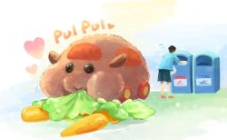 Rule 34 | 1boy, animal focus, black eyes, carrot, eating, flying sweatdrops, food, food on face, guinea pig, happy, heart, lettuce, molcar, pui pui molcar, tamasuke, teddy&#039;s driver (pui pui molcar), teddy (pui pui molcar), trash can