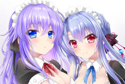Rule 34 | 2020, 2girls, alternate costume, black bow, blue eyes, blue hair, blue ribbon, blush, bow, breasts, chibinon, cleavage, cleavage cutout, close-up, closed mouth, clothing cutout, collar, commentary request, crossed bangs, dated commentary, detached collar, enmaided, expressionless, eyelashes, eyes visible through hair, frilled collar, frills, hair between eyes, hair bow, hair ornament, hand on another&#039;s shoulder, heads together, large breasts, long hair, looking at viewer, maid, maid headdress, multiple boys, multiple girls, parted lips, puffy short sleeves, puffy sleeves, purple hair, red eyes, red ribbon, ribbon, short sleeves, siblings, sidelocks, simple background, sisters, smile, sorakado ai, sorakado ao, summer pockets, tassel, tassel hair ornament, twins, white background, white collar