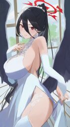 Rule 34 | 1girl, absurdres, alternate costume, bare shoulders, black hair, black wings, blue archive, breasts, bridal gauntlets, clothes lift, commentary request, day, dress, dress lift, edible sus, feathered wings, from side, glint, hair between eyes, halo, hand up, hasumi (blue archive), highres, huge breasts, jewelry, large wings, lifting own clothes, long hair, looking at viewer, looking to the side, low wings, mole, mole under eye, red eyes, red halo, ring, side slit, sideboob, sleeveless, sleeveless dress, solo, thighhighs, very long hair, wedding dress, white dress, white thighhighs, window, wings