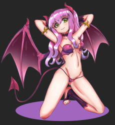 Rule 34 | 00s, 1girl, arms up, artist request, bare legs, bare shoulders, bat wings, bikini, blush, breasts, bridal gauntlets, curvy, demon girl, female focus, full body, highres, lilim (taimanin asagi battle arena), long hair, looking at viewer, medium breasts, pointy ears, shiny skin, simple background, smile, solo, swimsuit, tail, taimanin (series), taimanin asagi, taimanin rpgx, thighs, thong, wings