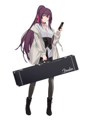 Rule 34 | 1girl, absurdres, alternate costume, black choker, black footwear, black pantyhose, black skirt, boots, breasts, cellphone, choker, closed mouth, clothes pull, elinnasky, full body, girls&#039; frontline, hair ribbon, headphones, highres, holding, holding case, holding phone, jacket, jacket pull, long hair, long sleeves, looking at viewer, medium breasts, open clothes, open jacket, pantyhose, phone, ponytail, purple hair, red eyes, ribbon, shirt, skirt, smartphone, solo, standing, wa2000 (girls&#039; frontline), weapon case, white background, white jacket, white shirt
