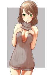 Rule 34 | 1girl, alice gear aegis, blush, breasts, brown hair, cleavage, cleavage cutout, clothing cutout, commentary request, dress, food, food in mouth, green eyes, grey sweater, highres, looking at viewer, medium breasts, meme attire, mutsumura ryuuichi, onaga akino, pocky, pocky in mouth, smile, solo, sweater, sweater dress, virgin killer sweater