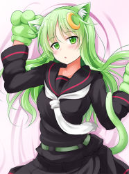 Rule 34 | 1girl, animal ears, animal hands, bed, black serafuku, cat ears, cat tail, commentary request, cowboy shot, crescent, crescent hair ornament, crescent pin, gloves, green eyes, green hair, hair ornament, ichimi, kantai collection, long hair, looking at viewer, lying, nagatsuki (kancolle), necktie, paw gloves, school uniform, serafuku, solo, tail, white necktie