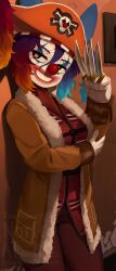 Rule 34 | 1girl, blue hair, brown coat, brown eyes, buggy the clown, buggy the clown (cosplay), clown, clown nose, coat, cosplay, fur-trimmed coat, fur trim, furry, furry female, gloves, gradient hair, grin, hat, highres, holding, holding knife, knife, multicolored hair, one piece, original, pirate, pirate hat, red hair, red nose, skull and crossbones, smile, solo, star-shaped pupils, star (symbol), symbol-shaped pupils, teeth, white gloves, yoako