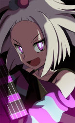 Rule 34 | 1girl, bass guitar, creatures (company), dress, fluffy, forehead, game freak, gym leader, hair bobbles, hair ornament, highres, instrument, looking at viewer, nintendo, pokemon, pokemon bw2, portrait, purple eyes, roxie (pokemon), solo, strapless, strapless dress, striped clothes, striped dress, topknot, vivivoovoo, white hair