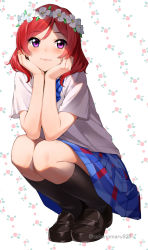 Rule 34 | 1girl, absurdres, black footwear, black socks, blue bow, blue bowtie, blue skirt, blush, bow, bowtie, cheek rest, closed mouth, elbow rest, elbows on knees, full body, hands on own face, highres, kneehighs, looking to the side, love live!, love live! school idol project, medium hair, nakano maru, nishikino maki, parted bangs, pleated skirt, purple eyes, red hair, school uniform, shirt, short sleeves, skirt, smile, socks, solo, squatting, twitter username, white shirt, wreath