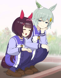 Rule 34 | 2girls, animal ears, black hair, blue pantyhose, blue shirt, blunt bangs, blunt ends, bob cut, bow, brown footwear, closed eyes, closed mouth, commentary, day, ear covers, elbow rest, frilled skirt, frills, grey hair, hair ornament, hairband, half-closed eyes, hands on own knees, head rest, highres, holding own tail, horse ears, horse girl, horseshoe ornament, loafers, long sleeves, looking at another, medium skirt, multiple girls, nishino flower (umamusume), open mouth, outdoors, pantyhose, pink hairband, pleated skirt, purple shirt, purple skirt, sailor collar, school uniform, seiun sky (umamusume), serafuku, shirt, shoes, short hair, side-by-side, single ear cover, skirt, smile, squatting, tail, tracen school uniform, umamusume, wata do chinkuru, white bow, x hair ornament