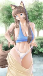 Rule 34 | 1girl, absurdres, animal ear fluff, animal ears, bikini, blue eyes, brown hair, brown tail, bush, cat ears, cat girl, cat tail, crop top, fluffy, green eyes, highres, lip biting, long hair, looking at viewer, midriff, multicolored clothes, original, pulling clothes, swimsuit, tail, takie, takie arts, thick thighs, thighs, tree, very long hair, water, white bikini