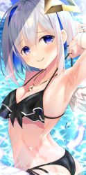 Rule 34 | 1girl, amane kanata, angel, angel wings, armpits, bikini, blue hair, breasts, colored inner hair, feathered wings, feathers, grey hair, highres, hololive, jewelry, looking at viewer, looking back, mizuno kurage, multicolored hair, necklace, presenting armpit, purple eyes, short hair, small breasts, smile, solo, swimsuit, virtual youtuber, water, wet, wings