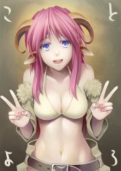 Rule 34 | 1girl, 440, :d, bare shoulders, belt, bikini, bikini top only, blue eyes, breasts, cleavage, double v, horns, large breasts, long hair, looking at viewer, nail polish, navel, open mouth, original, pink hair, sheep horns, smile, solo, stomach, strap gap, swimsuit, v