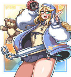 Rule 34 | 1boy, absurdres, artist name, black skirt, blonde hair, blush, bridget (guilty gear), chain, cowboy shot, fingerless gloves, gloves, green eyes, guilty gear, guilty gear strive, heart, highres, holding, hood, hood up, index finger raised, long hair, long sleeves, open mouth, outline, pleated skirt, sagas293, skirt, smile, solo, stuffed animal, stuffed toy, teddy bear, thick thighs, thighs, trap, white outline