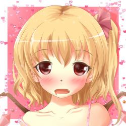 Rule 34 | 1girl, blonde hair, blush, bra strap, collarbone, drooling, fang, flandre scarlet, hair ribbon, heart, heart background, looking at viewer, lowres, mouth drool, neats, off shoulder, open mouth, pink background, red eyes, ribbon, short hair, side ponytail, solo, sparkle, touhou, upper body, wings