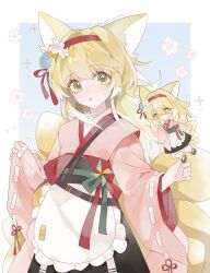 Rule 34 | 1girl, 4965681105, absurdres, animal ears, apron, arknights, black footwear, black skirt, blonde hair, blue background, blush, chibi, chibi inset, commentary request, dotted line, floral background, fox ears, fox girl, fox tail, frilled apron, frills, green eyes, hairband, highres, japanese clothes, kimono, kitsune, long hair, long sleeves, multiple views, pinching sleeves, pink kimono, red hairband, ribbon-trimmed sleeves, ribbon trim, sandals, skirt, sleeves past wrists, socks, suzuran (arknights), suzuran (yukibare) (arknights), tail, two-tone background, very long hair, waist apron, white apron, white background, white socks, zouri