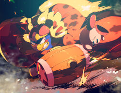 Rule 34 | animal print, beak, beanie, blue eyes, clenched teeth, colored skin, commentary request, dodging, fighting, flower, fur-trimmed robe, fur-trimmed sleeves, fur trim, hammer, hat, holding, holding hammer, king dedede, kirby, kirby (series), kirby and the forgotten land, leopard print, light particles, long sleeves, looking at another, marking on cheek, midair, motion blur, motion lines, nintendo, no humans, pink skin, pom pom (clothes), pom pom beanie, red eyes, red flower, red footwear, red headwear, red rose, red sleeves, robe, robe lift, rose, shirushiki, shoes, snowing, star (symbol), teeth, upside-down, v-shaped eyebrows, wide-eyed