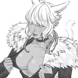 Rule 34 | 1girl, animal ears, archon mark, areola slip, beencap, breasts, cat ears, cat girl, cat tail, choker, cleavage, clothes pull, collarbone, dark-skinned female, dark skin, dress, dress pull, earrings, feather earrings, feathers, final fantasy, final fantasy xiv, fur-trimmed dress, fur trim, greyscale, highres, jewelry, large breasts, miqo&#039;te, monochrome, short hair, solo, sweat, tail, upper body, y&#039;shtola rhul