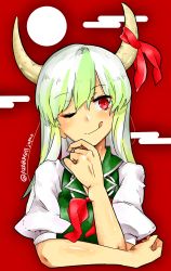 Rule 34 | 1girl, absurdres, bad id, bad pixiv id, ex-keine, full moon, green hair, hand on own chin, highres, horn ornament, horn ribbon, horns, kamishirasawa keine, looking up, moon, multicolored hair, red eyes, ribbon, satoukouki, short sleeves, solo, tongue, tongue out, touhou, two-tone hair