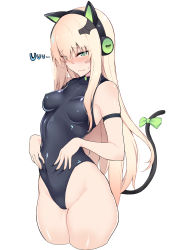 Rule 34 | 1girl, absurdres, animal ear headphones, animal ears, arm strap, bare shoulders, black leotard, blonde hair, blush, bow, breasts, cameltoe, cat ear headphones, cat tail, closed mouth, covered navel, fake animal ears, girls&#039; frontline, green eyes, gun, headphones, highleg, highleg leotard, highres, leotard, long hair, medium breasts, nakatama kyou, photoshop (medium), ribbon, shiny clothes, shiny skin, simple background, skin tight, skindentation, solo, standing, submachine gun, tail, tail bow, tail ornament, tail ribbon, thighs, tmp (girls&#039; frontline), wavy mouth, weapon, white background