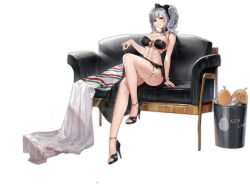 Rule 34 | 1girl, animal, azur lane, bare arms, bare legs, bare shoulders, bikini, bird, black bikini, black choker, black footwear, bow, breasts, chick, choker, cleavage, couch, giulio cesare (azur lane), giulio cesare (high tide under the sunlight) (azur lane), grin, gujianshaonu, hair bow, high heels, highres, knee up, large breasts, long hair, looking at viewer, manjuu (azur lane), navel, o-ring, o-ring bikini, official art, red eyes, sarong, shiny clothes, silver hair, sitting, smile, solo, stomach, swimsuit, thigh strap, thighs, transparent background, trash can, twintails