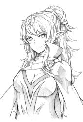 Rule 34 | 1girl, breasts, coat, fatuus, fire emblem, fire emblem: mystery of the emblem, fire emblem awakening, fire emblem heroes, greyscale, hair ornament, highres, jewelry, long hair, monochrome, nintendo, pointy ears, smile, solo, tiki (adult) (fire emblem), tiki (fire emblem), white background