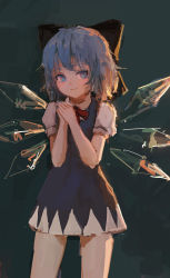 Rule 34 | 1girl, backlighting, black bow, blue dress, blue eyes, blue hair, blue nails, bow, bowtie, cirno, closed mouth, commentary, contrapposto, cowboy shot, dark, dark background, detached wings, dress, english commentary, hair bow, hands up, highres, ice, ice wings, looking at viewer, looking to the side, nail polish, no lineart, own hands together, palms together, pinafore dress, puffy short sleeves, puffy sleeves, red bow, red bowtie, reddizen, short dress, short hair, short sleeves, sleeveless dress, smile, solo, standing, touhou, transparent wings, w arms, wings