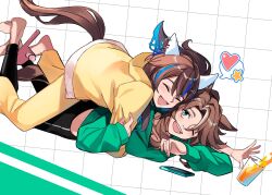 Rule 34 | 2girls, alternate costume, animal ears, barefoot, black pants, breasts, brown hair, cellphone, closed eyes, cup, daitaku helios (umamusume), ear covers, fuyukayui, green eyes, green hoodie, grid background, hair ornament, hairclip, heart, highres, hood, hoodie, horse ears, horse girl, horse tail, hug, long hair, long sleeves, looking at another, lying, mejiro palmer (umamusume), multicolored hair, multiple girls, on stomach, one eye closed, open mouth, pants, parted bangs, phone, side ponytail, slippers, small breasts, smile, speech bubble, spilling, star (symbol), streaked hair, tail, umamusume, yellow hoodie, yellow pants