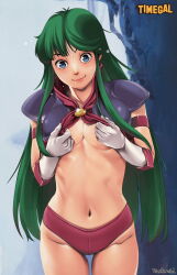 Rule 34 | 1girl, artist name, blue eyes, breasts, cleavage, clothes lift, copyright name, covering privates, covering breasts, gloves, gluteal fold, green hair, highres, lifted by self, long hair, looking at viewer, medium breasts, navel, no bra, purple shirt, red shirt, red shorts, reika (time gal), retorabi00, shirt, shirt lift, short shorts, shorts, smile, solo, taito, thigh gap, thighs, time gal, white gloves