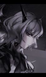 Rule 34 | 1girl, absurdres, arknights, black dress, dragon girl, dragon horns, dress, grey background, grey eyes, grey hair, highres, horns, letterboxed, looking at viewer, onlly, portrait, profile, short hair, sideways glance, simple background, solo, talulah (arknights)