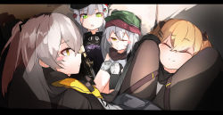 Rule 34 | 404 (girls&#039; frontline), 4girls, :o, bad id, bad pixiv id, black ribbon, blonde hair, blush stickers, bow, brown scarf, cheek squash, closed mouth, closed eyes, g11 (girls&#039; frontline), girls&#039; frontline, green eyes, grey hair, hair between eyes, hair bow, hair ornament, hairclip, hat, highres, hk416 (girls&#039; frontline), hood, hooded jacket, jacket, knee pads, legs, letterboxed, long hair, looking at another, multiple girls, one eye closed, open mouth, ribbon, scarf, sitting, skabjh0147, skirt, sleeveless, smile, twintails, ump45 (girls&#039; frontline), ump9 (girls&#039; frontline), upper body, yellow eyes