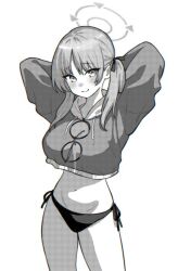 Rule 34 | 1girl, arms behind head, bikini, bikini bottom only, blue archive, blush, breasts, closed mouth, commentary, cowboy shot, cropped hoodie, eyewear hang, glasses, greyscale, halo, hood, hoodie, large breasts, long hair, looking at viewer, low twintails, medium bangs, moe (blue archive), monochrome, navel, onkn sxkn, round eyewear, side-tie bikini bottom, simple background, smile, solo, swimsuit, twintails, unworn eyewear, white background