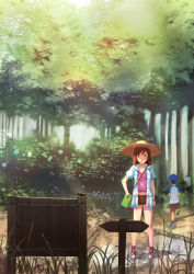 Rule 34 | 1boy, 1girl, backwards hat, beetle, black hair, brown eyes, brown hair, brown shorts, bug, bush, butterfly net, child, day, forest, hand net, hat, highres, holding, insect, long hair, nature, original, outdoors, puddle, shirt, short sleeves, shorts, sign, socks, standing, tomamatto, tree