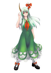 Rule 34 | 1girl, bow, dress, ex-keine, fingernails, green dress, green hair, highres, horn bow, horn ornament, horn ribbon, horns, kamishirasawa keine, long fingernails, long hair, multicolored hair, musyne xsk, red eyes, ribbon, silver hair, simple background, solo, touhou, two-tone hair, white background
