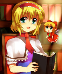 Rule 34 | 1girl, alice margatroid, blonde hair, book, bookshelf, bow, capelet, chair, female focus, green eyes, hair bow, hairband, indoors, looking at viewer, necktie, open mouth, red bow, red necktie, shanghai doll, short hair, short sleeves, sitting, smile, solo, subaru (yachika), sunlight, touhou, upper body