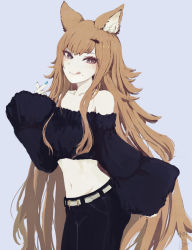 Rule 34 | 1girl, :q, animal ear fluff, animal ears, bad id, bad pixiv id, black pants, black shirt, blue nails, brown eyes, brown hair, closed mouth, commentary request, cowboy shot, erune, granblue fantasy, grey background, hair ornament, hairclip, long hair, long sleeves, metera (granblue fantasy), midriff, minyom, mole, mole under mouth, nail polish, navel, off-shoulder shirt, off shoulder, pants, shirt, simple background, sleeves past wrists, smile, solo, stomach, tongue, tongue out, very long hair, wide sleeves