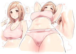 Rule 34 | 1girl, armpits, blonde hair, blush, breasts, brown eyes, cameltoe, cleavage, commentary, commentary request, flying sweatdrops, heart, hot, idolmaster, idolmaster shiny colors, large breasts, long hair, looking at viewer, looking down, multiple views, navel, open mouth, panties, pink panties, sakuragi mano, speech bubble, sports bra, stomach, sunaba suzume, sweat, sweaty clothes, underwear, underwear only, wet
