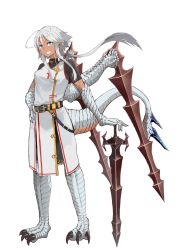 Rule 34 | 1girl, airu zweihander, belt, blue eyes, claws, dragon girl, dragon tail, floating hair, full body, grey hair, grin, hand on hilt, highres, hitokuirou, holding, holding sword, holding weapon, long hair, looking at viewer, original, pointy ears, robe, short sleeves, simple background, smile, solo, standing, sword, tail, weapon, white background, wings