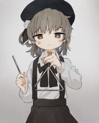Rule 34 | 1girl, beret, black hat, black ribbon, black skirt, blush stickers, brown eyes, brown hair, closed mouth, collared shirt, commentary, cowboy shot, english commentary, flower, grey background, hair flower, hair ornament, hair ribbon, hair rings, half-closed eyes, hands up, hat, hatoba tsugu, holding, holding instrument, instrument, long sleeves, looking at viewer, mole, mole under eye, neck ribbon, ribbon, rose, shirt, shirt tucked in, simple background, skirt, smile, solo, suspender skirt, suspenders, triangle (instrument), tsugu (vtuber), virtual youtuber, white flower, white rose, white shirt, zinbei