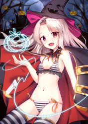 Rule 34 | 1girl, :d, bikini, black thighhighs, cloak, fate/kaleid liner prisma illya, fate (series), halloween, hat, illyasviel von einzbern, jack-o&#039;-lantern, long hair, looking at viewer, navel, open mouth, parted bangs, red eyes, silver hair, smile, solo, striped bikini, striped clothes, striped thighhighs, swimsuit, thighhighs, very long hair, white bikini, white thighhighs, witch hat, yan (nicknikg)